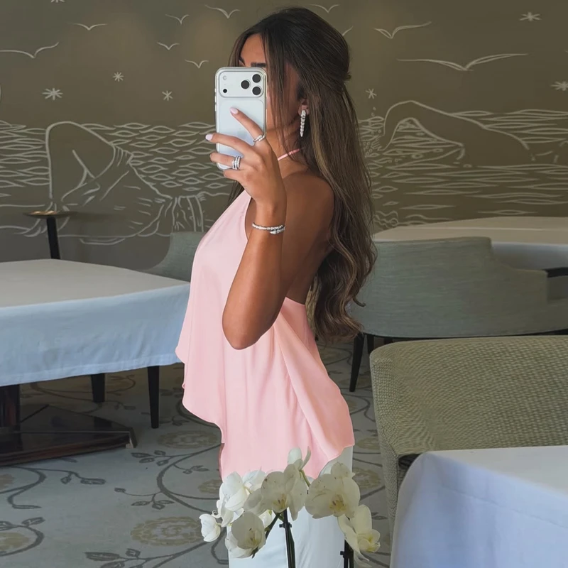 Hugcitar Modisches Neckholder-Top mit Schnürung, Rückenfreies, Unregelmäßiges, Einfarbiges, Sexy Crop-Top für Damen, Niedliche Kleidung für Strand, Urlaub und Party – Detail 13