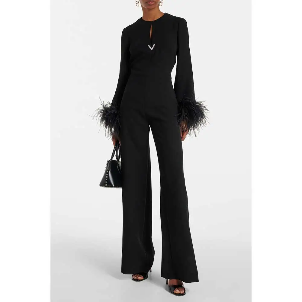 YUMDAI Dubai Black Cocktail Fashion Jumpsuit Evening Gown Middle East 2024 Prom Party Hollow Feather Dress Long Sleeve Dress