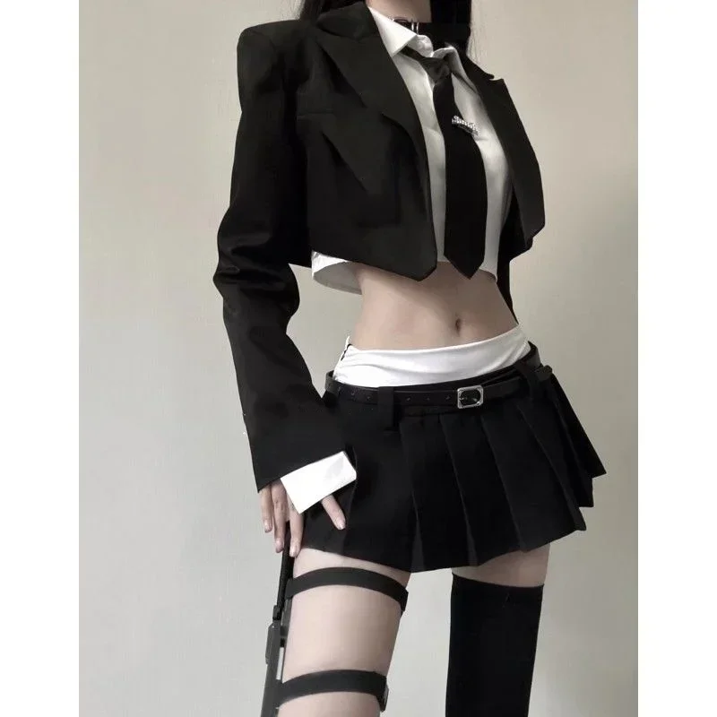 2024 Vintage 3 Piece Set Skirt Woman Black Short Blazers + Casual Shirt + Slim Mini Skirt Party Korean Fashion Suit Female Chic