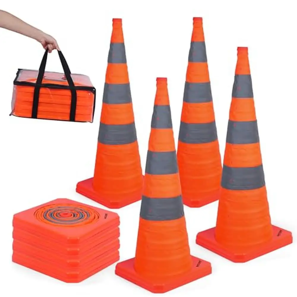 

36'' Collapsible Orange Traffic Cones 4 Pack with Reflective Strip Road Safety and Parking