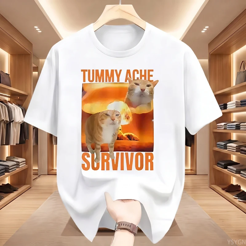 Tummy Ache Survivor Cat Funny Retro Casual Round Neck Pure Cotton Short-sleeved T-shirt Mens Summer Fashion Trend Breathable Top