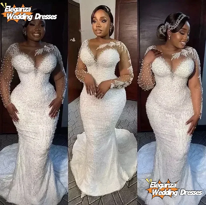 تخصيص العربية الأبيض حورية البحر فساتين الزفاف اللؤلؤ العميق الخامس الرقبة طويلة الأكمام الدانتيل يزين فساتين الزفاف قطار للانفصال