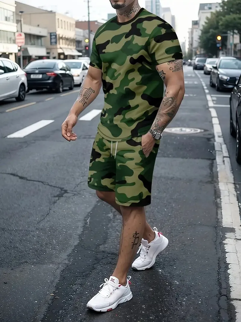 Men's Outdoor Casual Two Piece Camouflage Printed Pattern Round Neck Short Sleeve Shorts Set Comfortable Breathable Mens T-shirt