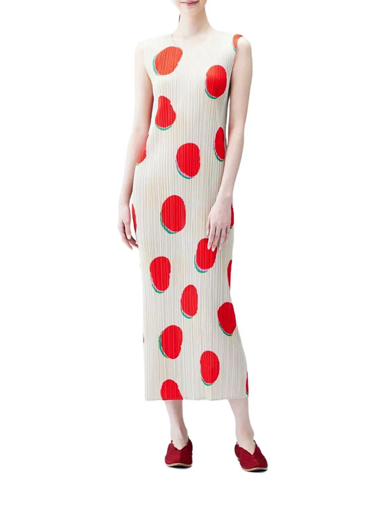 

ISSEY Summer Dress Issey Miyake Style Mid-Length Polka Dot Print Slim-Fit, Flattering Silhouette Round Neck, Sleeveless Pleated