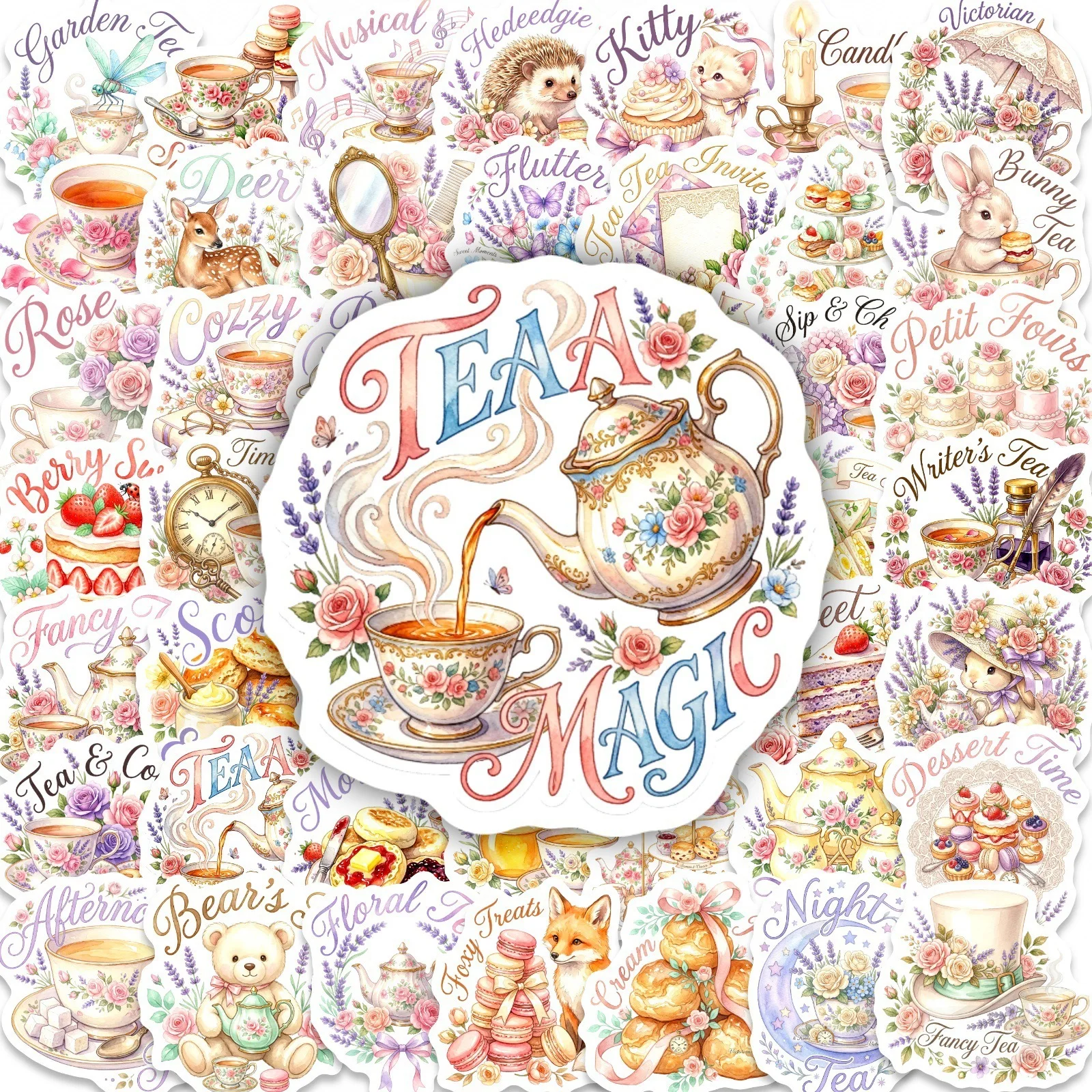 50 Pcs Gentle Watercolor Afternoon Tea Stickers Cute Floral Tea Waterproof Vinyl Decals for Journal Laptop Gift