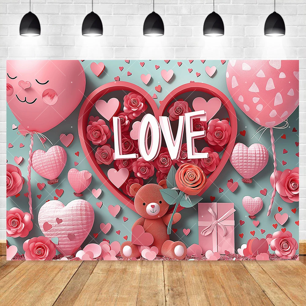 Valentine's Day Pink Love Stuffed Bear Celebrate Wedding Couple Anniversary Party Backdrop Custom Photo Poster Decor Background