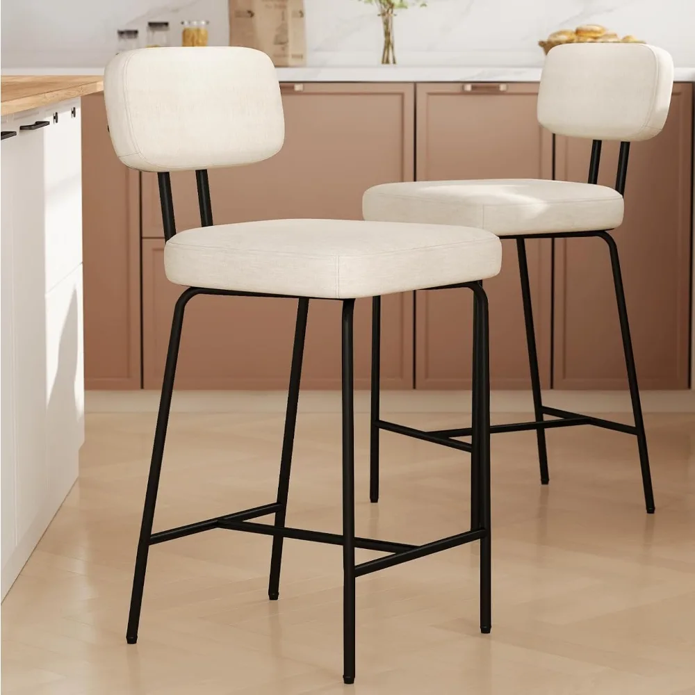 

Counter Height Bar Stools Set of 2, 26" White Counter Stools, Upholstered Fabric Kitchen Island Chairs with Back and Metal Leg F