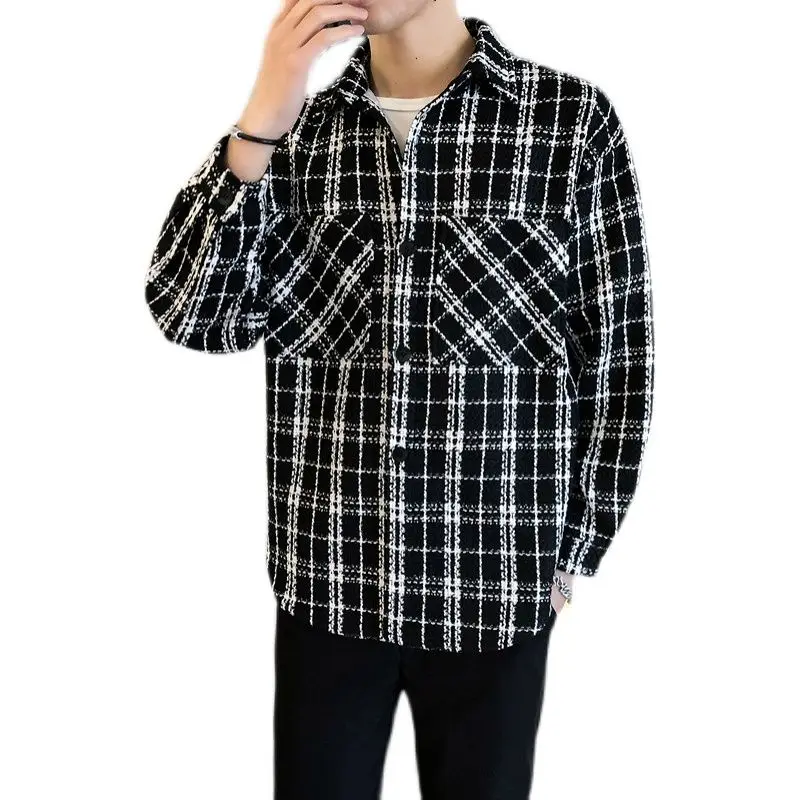 Bla الأبيض منقوشة الرجال الربيع Jaet Little Fraance Sle معطف الصوف زوجين ملابس خارجية عادية فضفاضة تناسب طويلة Sve #5