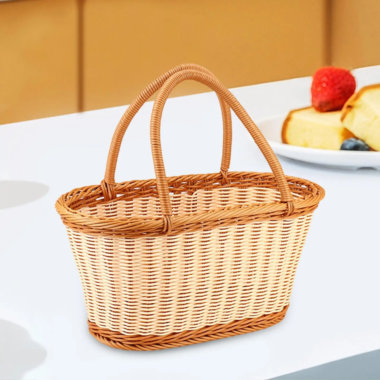 Cesta de Picnic de ratán de imitación, cestas de almacenamiento hechas a mano, cestas de regalo de granja, cesta de frutas tejida para dulces, frutas del hogar