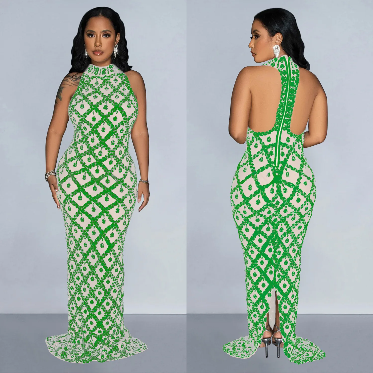 

C6895 Fashion Women's Solid Color Glitter Hanging Neck Bareback Long Dress