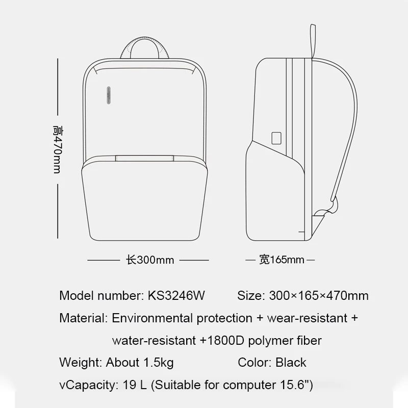 Kingsons Zaino resistente all’acqua per gli uomini zaino da viaggio per affari del portatile da 15,6 pollici W/ porta di caricamento USB aperta 180 volte