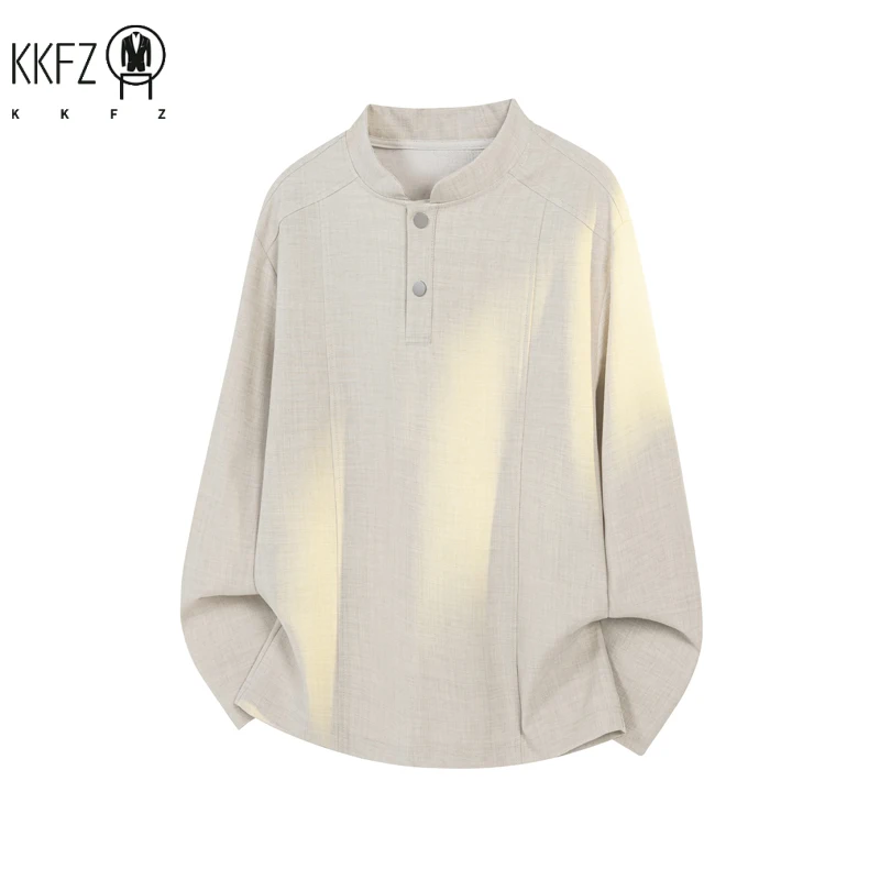 Male Minimalist Mandarin Neck Long Sleeve Shirt Vertical Sewing Texture Relaxed Cut For Weekend Gathering And Travel Matching