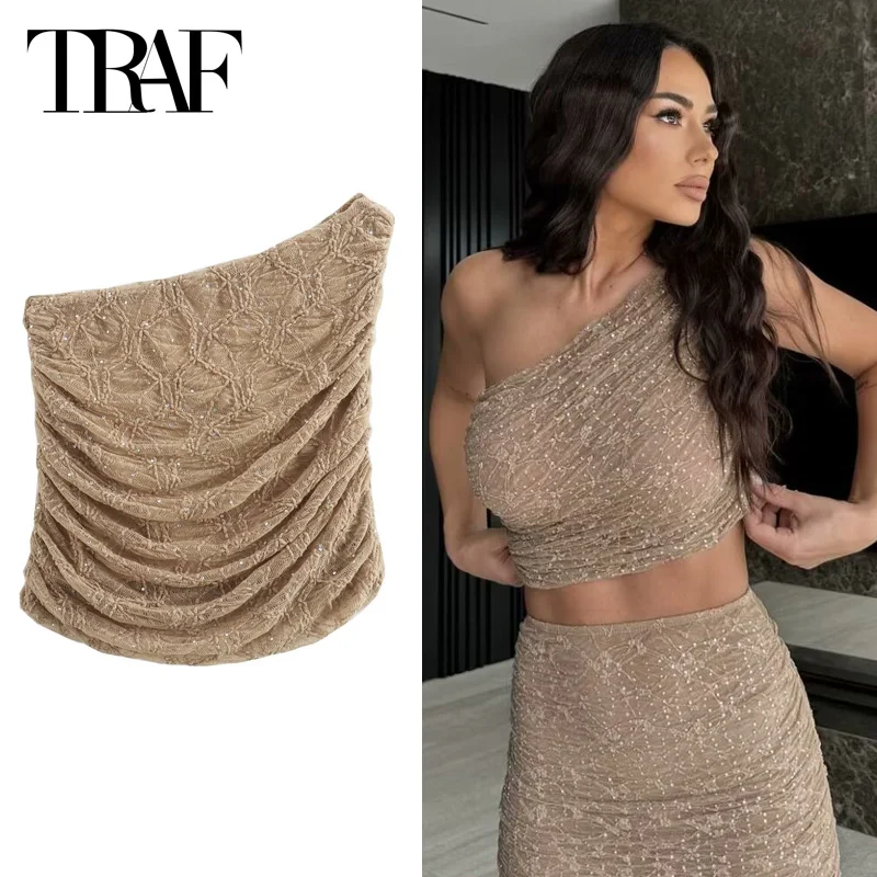 TRAF Top Women Crop Top Corset Off Shoulder Sleeveless Asymmetrical Tank Lace Top Summer Coquette Backless Cropped Knit Top 2024