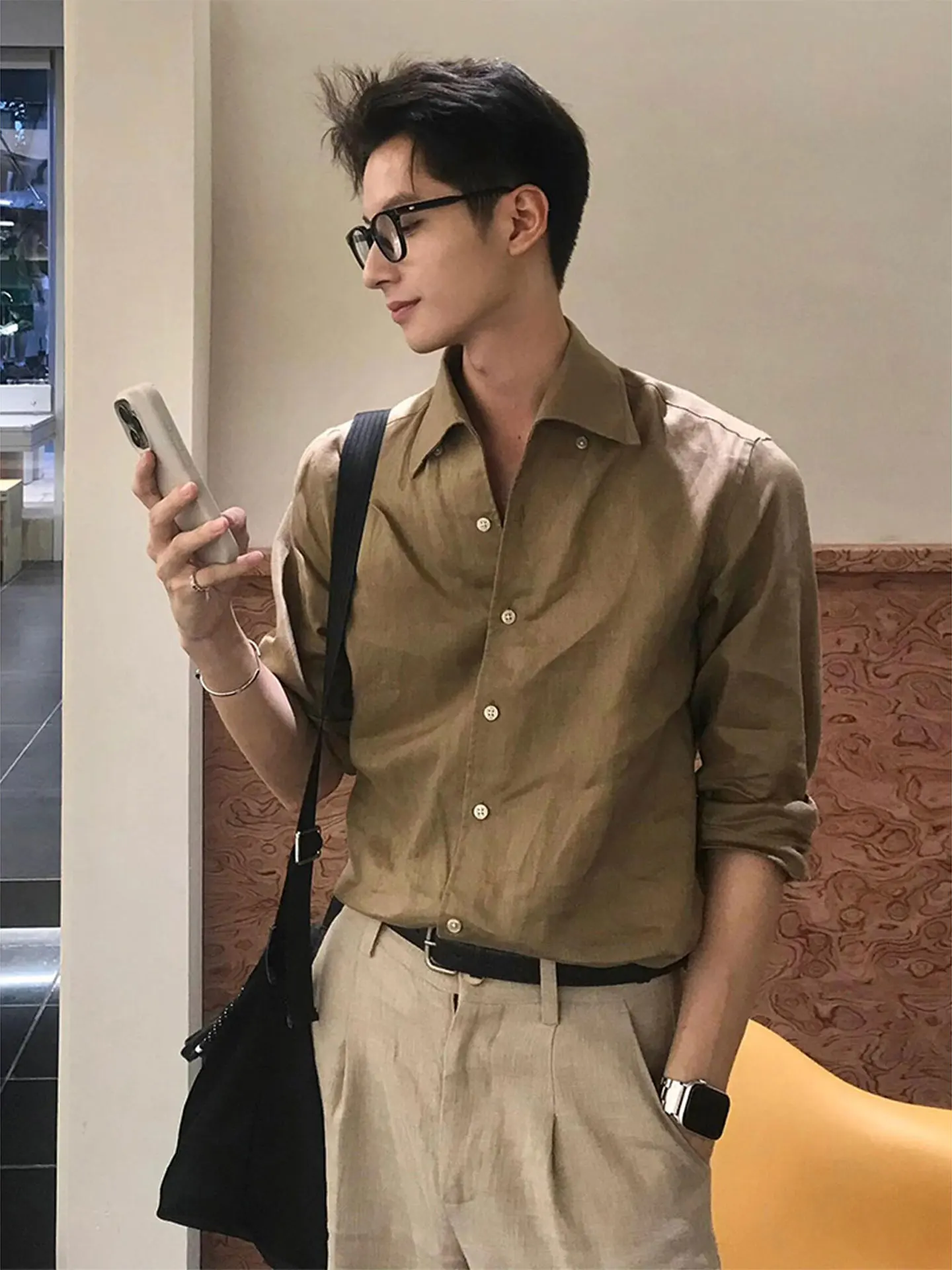

Khaki Cotton Long Sleeve Shirt Men Early Autumn Classic Style Casual Shirt Breathable Sun Protection Lightweight Standard Fit