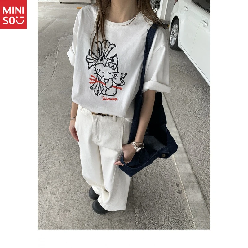 Camiseta de algodón Miniso Hello Kitty, camiseta holgada con borde dulce para verano
