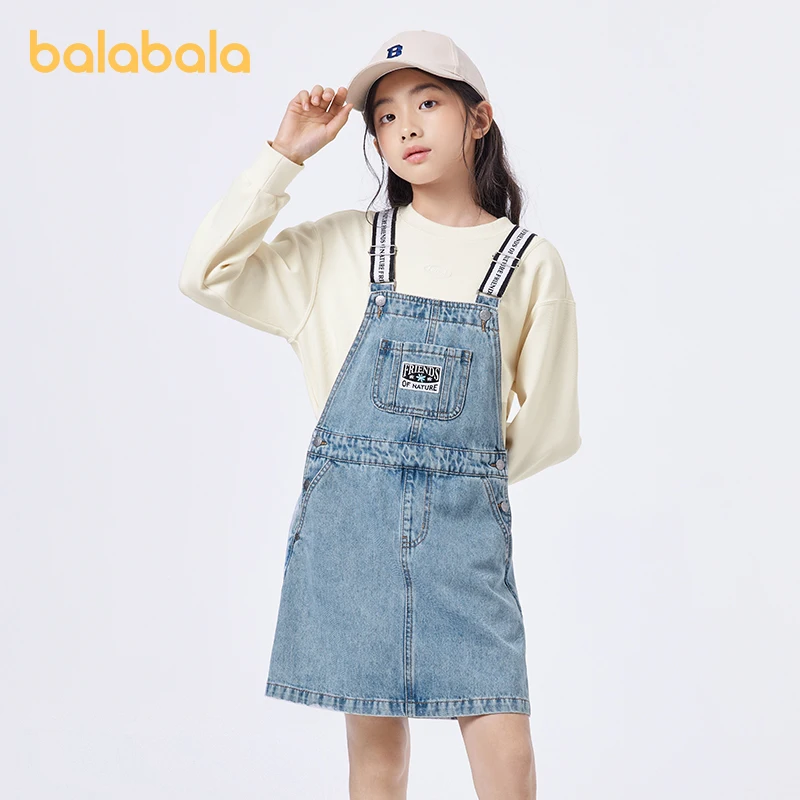 

Balabala Denim Suspender Dress Girl Sweet Stylish Spring Outfit for Kids Aged 6–12 Casual Daily Wear