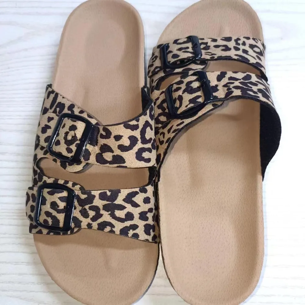 Women\'s Leopard Print Slippers Cork Slippers Women\'s Summer Non-slip Outdoor Flat Bottom Beach Sandals Woman Flat Slippers