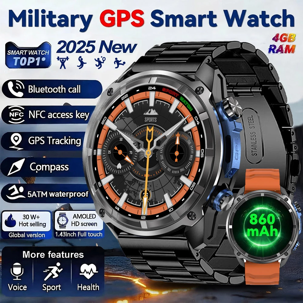 

2025 New GPS Smart Watch Men Amoled 4GB Memory Offline Map Video Player Military Sports Watches 50m Swim Waterproof Smartwatch