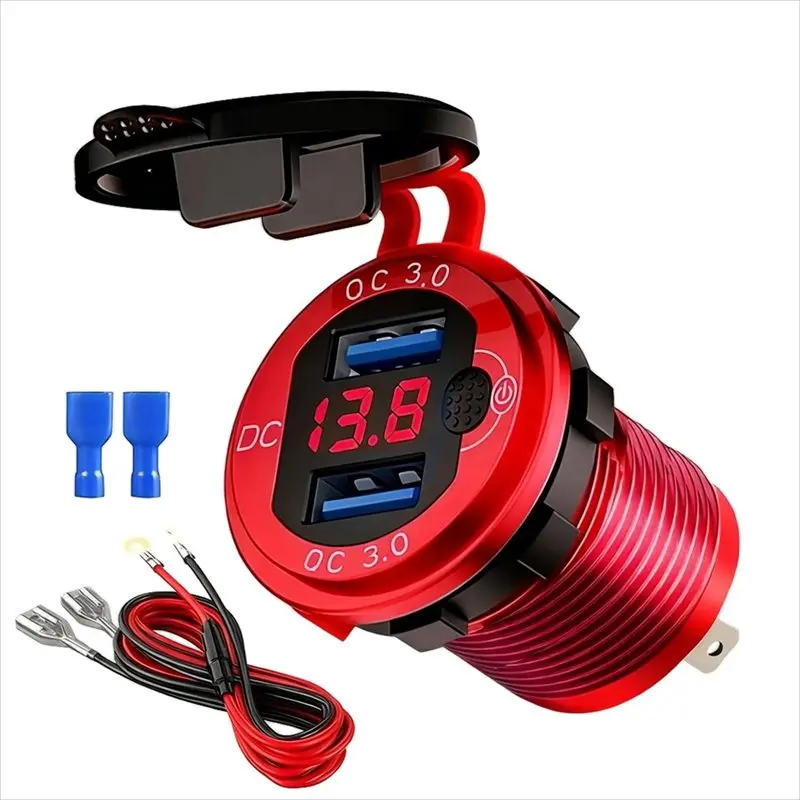 B63B-Dual USB Car Socket 12V/24V QC 3.0 2 Set With Contact Switch For Boat Motorcycle Truck Golf Cart Red