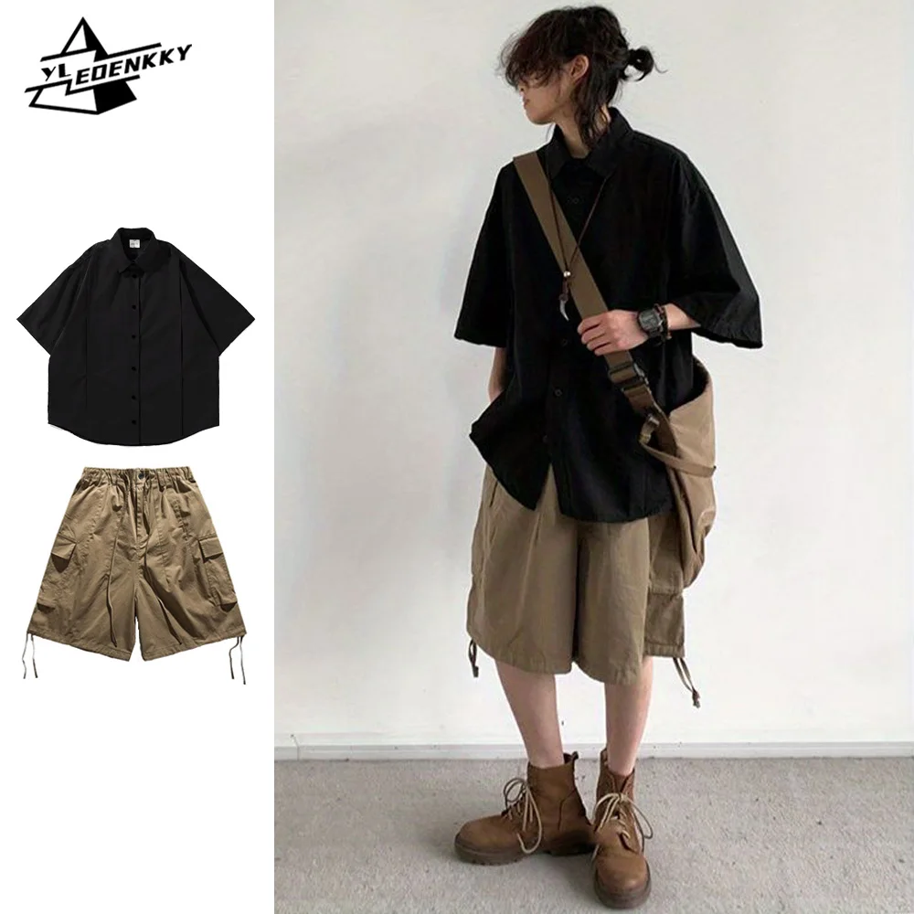 Japanese Cargo Set Men Vintage Loose Short-sleeved Shirt Thin Solid-colored Multi-pocket Shorts Casual Summer Quick-drying Suit