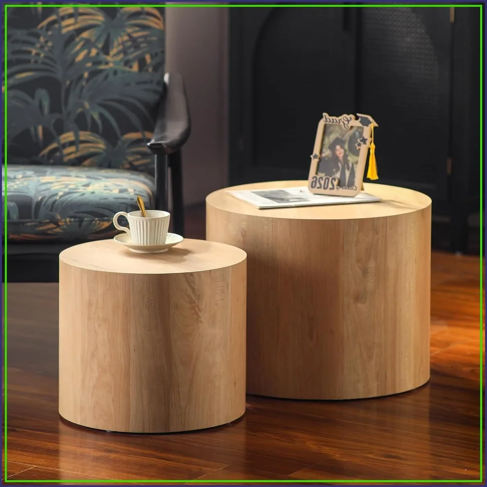 Nesting Round Coffee Table Set of 2, Wooden Drum Side Tables for Small Spaces, Light Oak