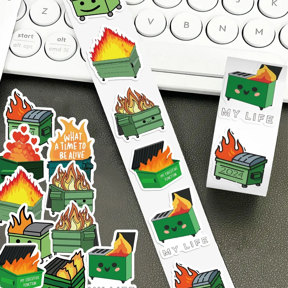 

500 шт., креативный рулон Dumpster Fire Roll, забавные рулонные наклейки, наклейки для запечатывания конвертов, наклейки для скейтборда с чашкой воды «сделай сам»