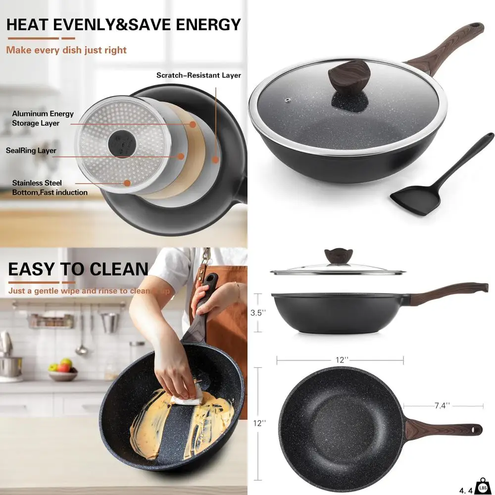 

Антипригарная сковорода-вок с крышкой, 12 дюймов, для жарки и смешивания, с покрытием, для индукционных плит, совместима со всеми типами плит, POA r