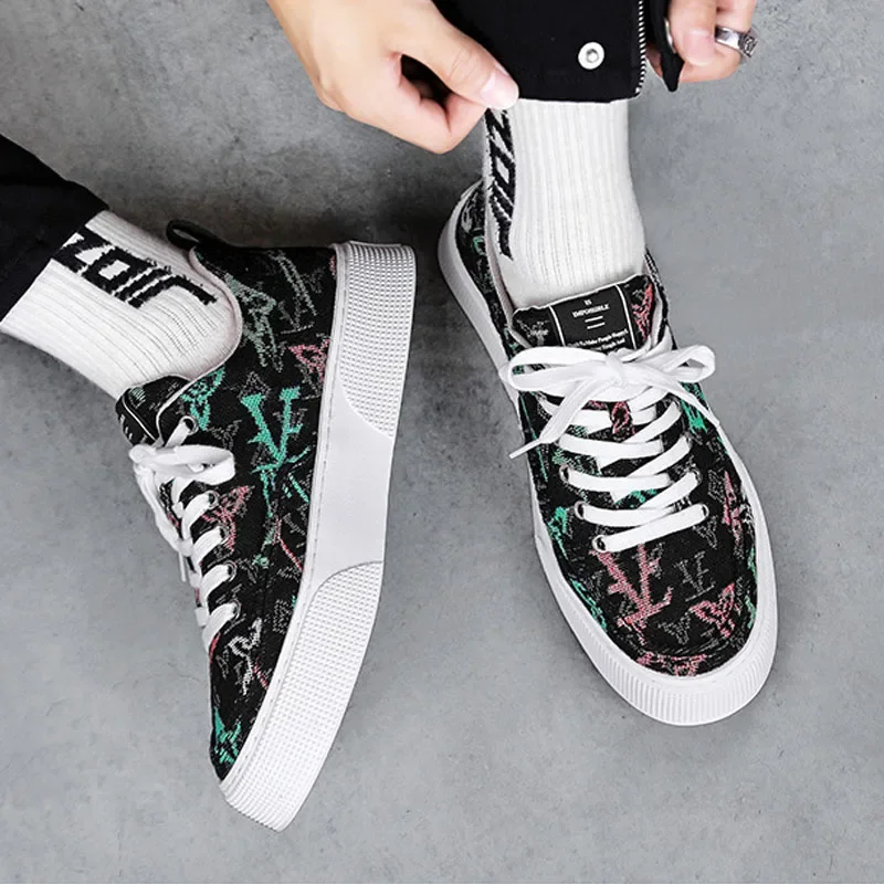 Platform Sneakers Heren Casual Schoenen Mode Bedrukt Canvas Sportschoenen Mannelijke Flats Antislip Dikke Zool Veterschoenen Skateboard Schoenen