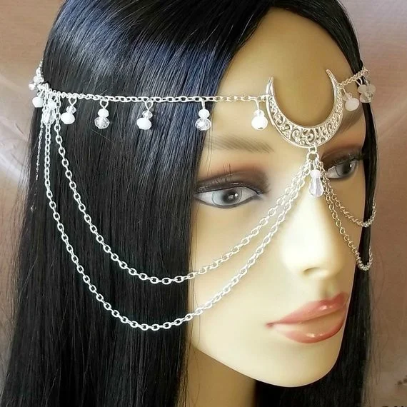 Circlet, Moon Goddess Face Chain  Moon Headpiece Wicca Moon & Triskele Headpiece Gothic Head Chain