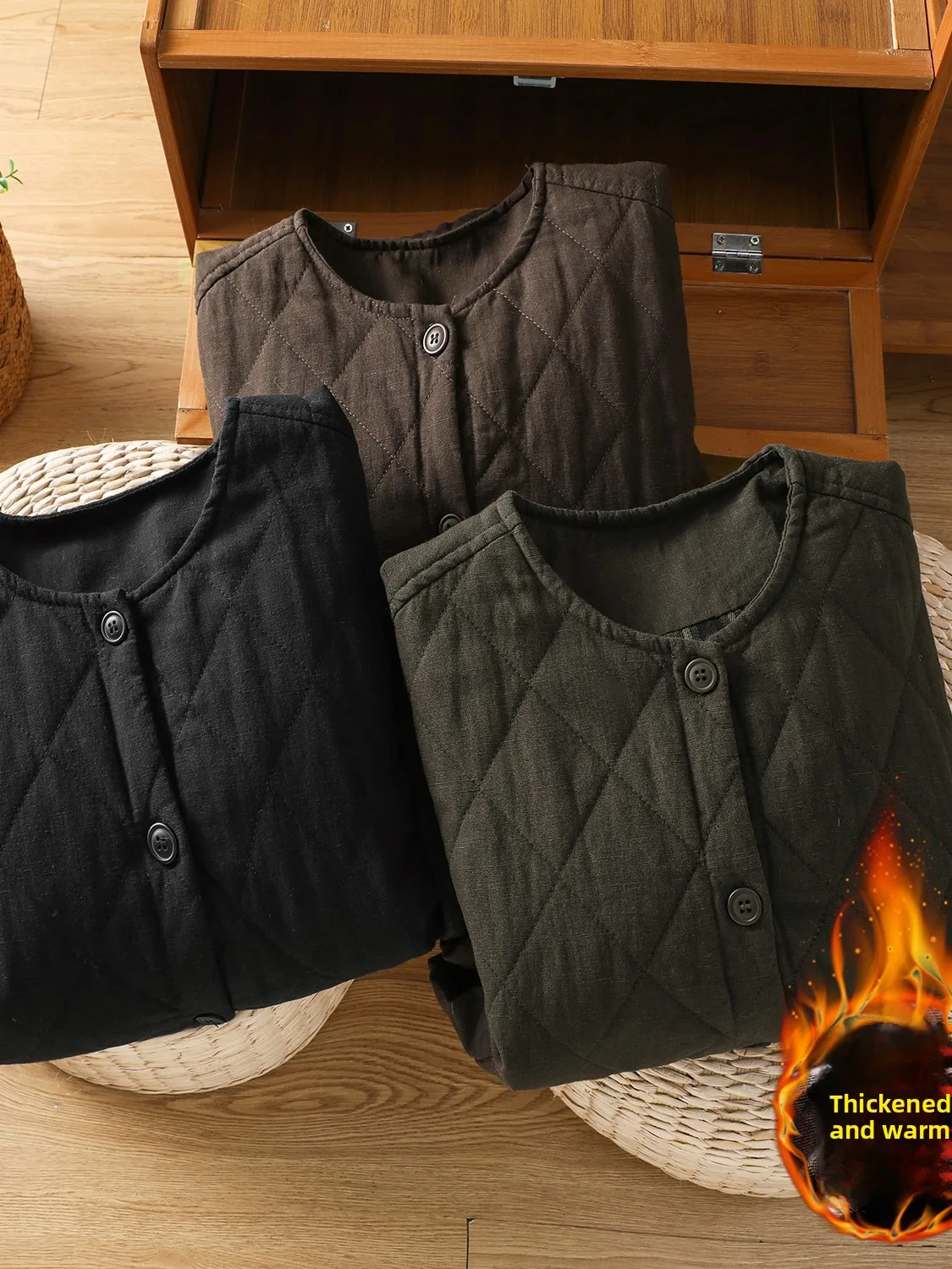 

Thiened Retro Pure Cotton Winter Jaet Warm Outerwear Inner Color Weave id Cotton Coat Long Sve round Ne Single Button