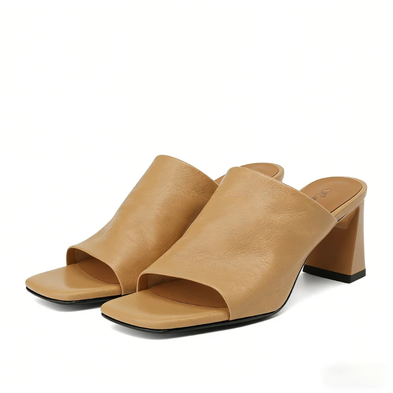 

Soft Leather Women's Heels Sandals Summer 2026 Open-toe Mules Shoes Comfy Casual Slides Square Toe Chunky Heel Women's Slippers