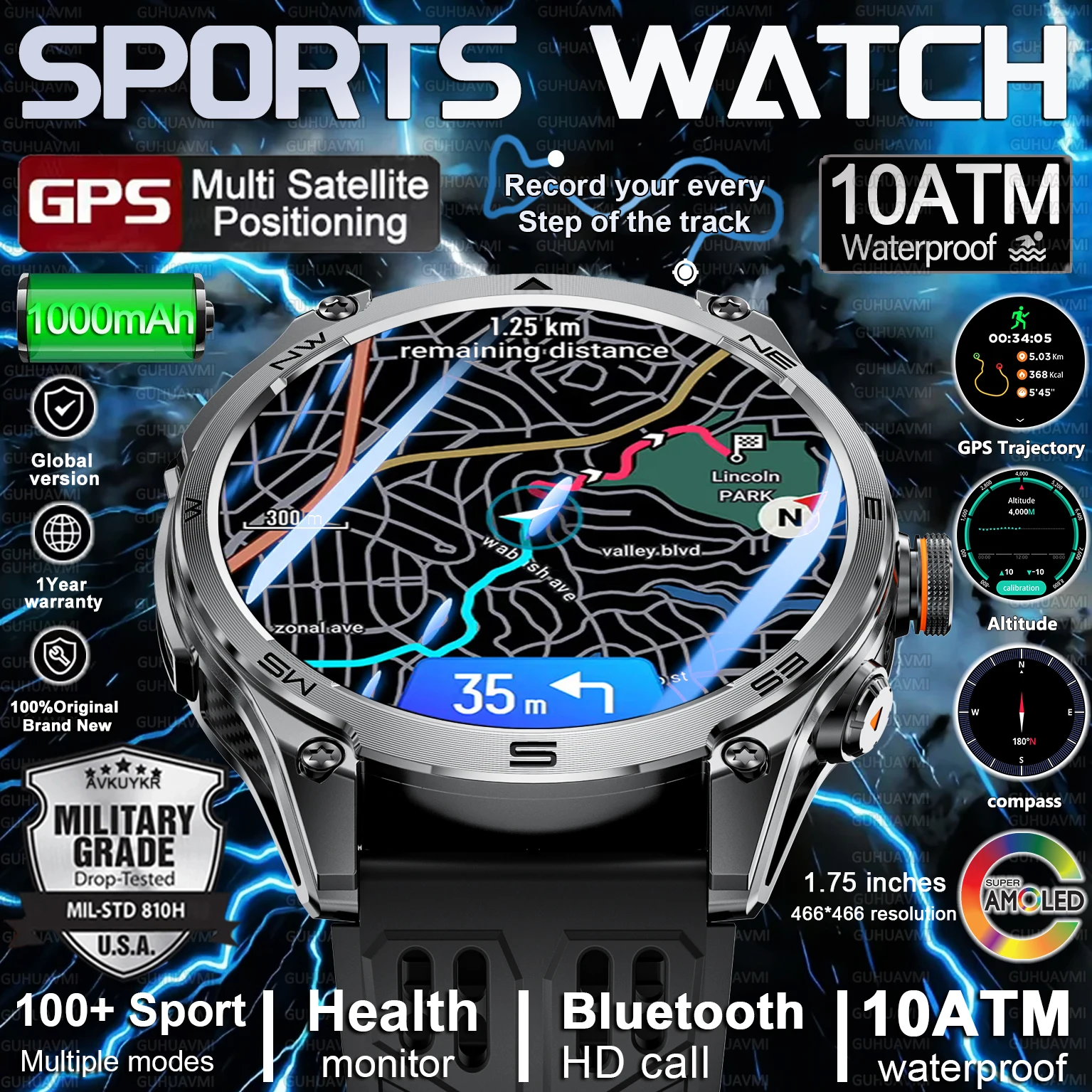 

2026 New Military Smart Watch Men 10ATM Waterproof 1.75inch AMOLED Outdoor compass Sport Fitness GPS Tracker HD Call Bracelet