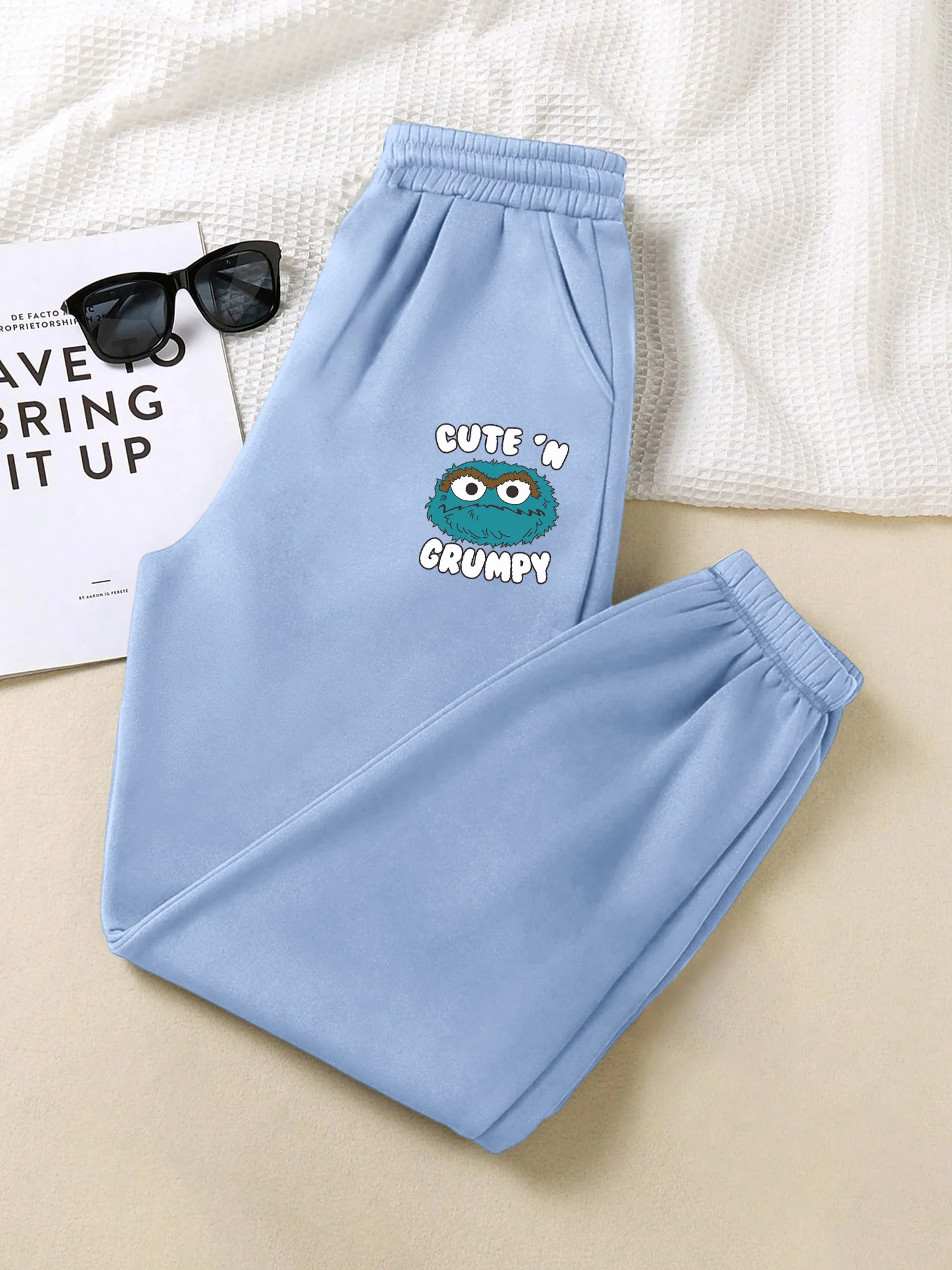 

Trendy Elastic Ankle Sweatpants, Cute Grumpy Cartoon Monster Print Jogger Pants, Loose Soft Casual Daily Sports Bottom