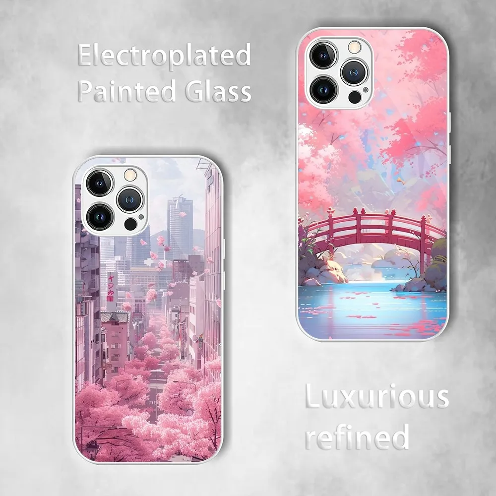 Tokyo Sakura cherry blossom Phone Case For Electroplated Painted Glass iPhone 13 12 14 11 Plus Pro Max X XS XR Mini Shell