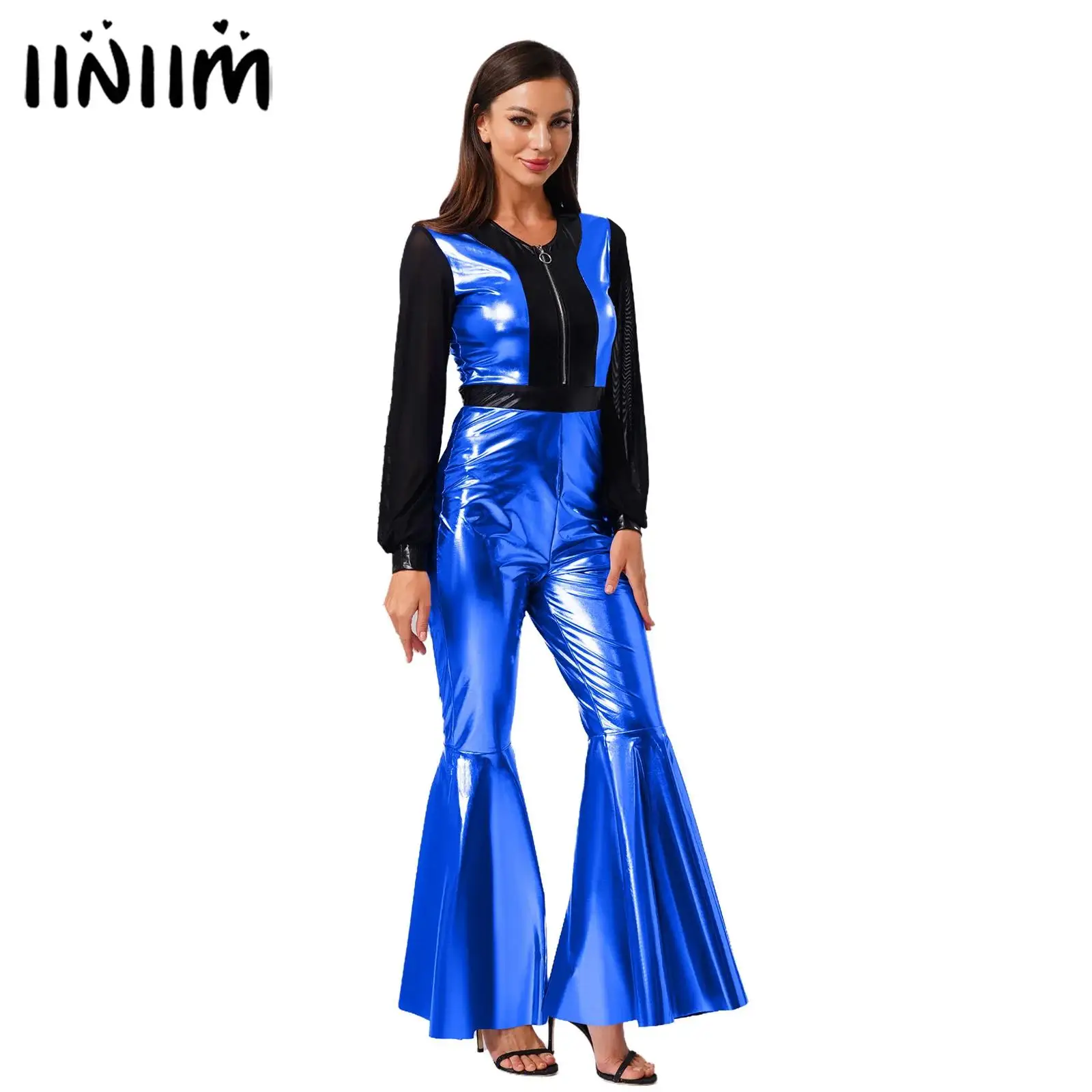 

Womens Vintage 70s 80s Disco Dance Jumpsuit Mesh Long Sleeve Bell Bottom Pants Metallic Shiny Rompers Bodysuit Halloween Costume