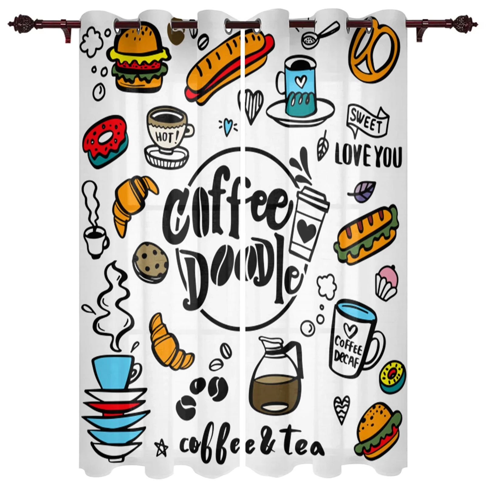 

Cafe Graffiti Teacup Hot Dog Food Curtains Bedroom Kitchen Decorative Curtains 2 panel Living Room Curtains Grommet Top cortinas