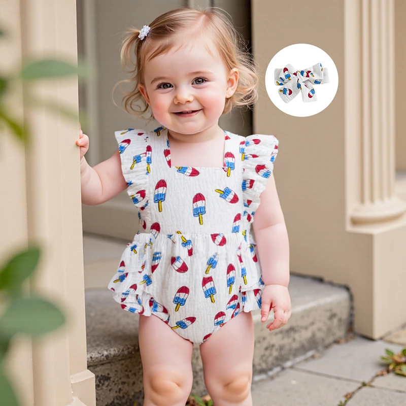 Toddler Girls American Flag Romper Independence Day Sleeveless Jumpsuit with Bow Headband Set Cute Outfits for Summer