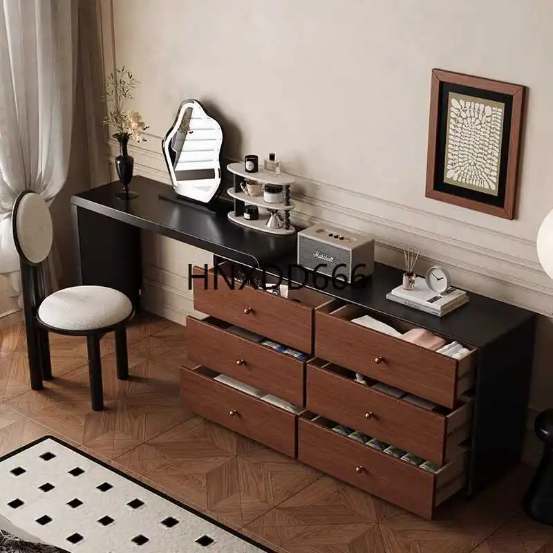 طاولة مكياج باللون الأسود من خشب الجوز مع مساحة تخزين وأثاث غرفة نوم مدمجة ومكتب مدمج مع أدراج لتوفير المساحة