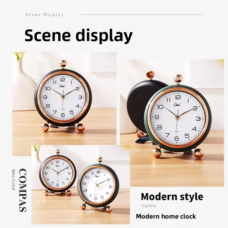 Latest Compas Creative Minimalist Fashion Metal Quartz Alarm Clock Silent Desktop Clock LivingRoom Bedroom Home Clock Decoration