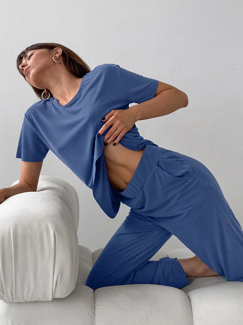 Marthaqiqi Summer Female Nightgowns 2 Piece Suit O-Neck Sleepwear Short Sleeve Nightwear Wide Leg Pants Casual Women Pajamas Set