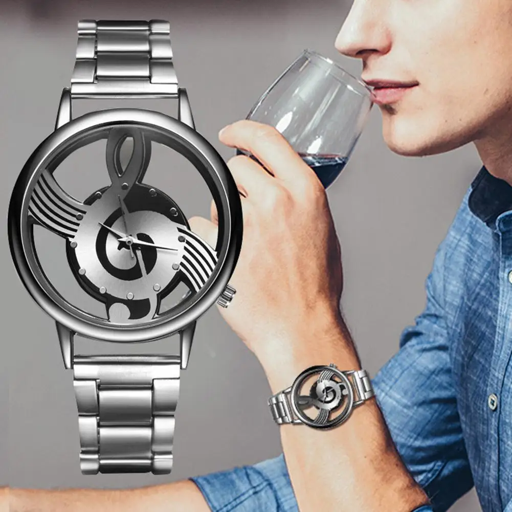 Men Quartz Watch Round Hollow Note Dial Steel/Mesh Strap Male Watch Elegant Dress Watch Fashion Jewelry