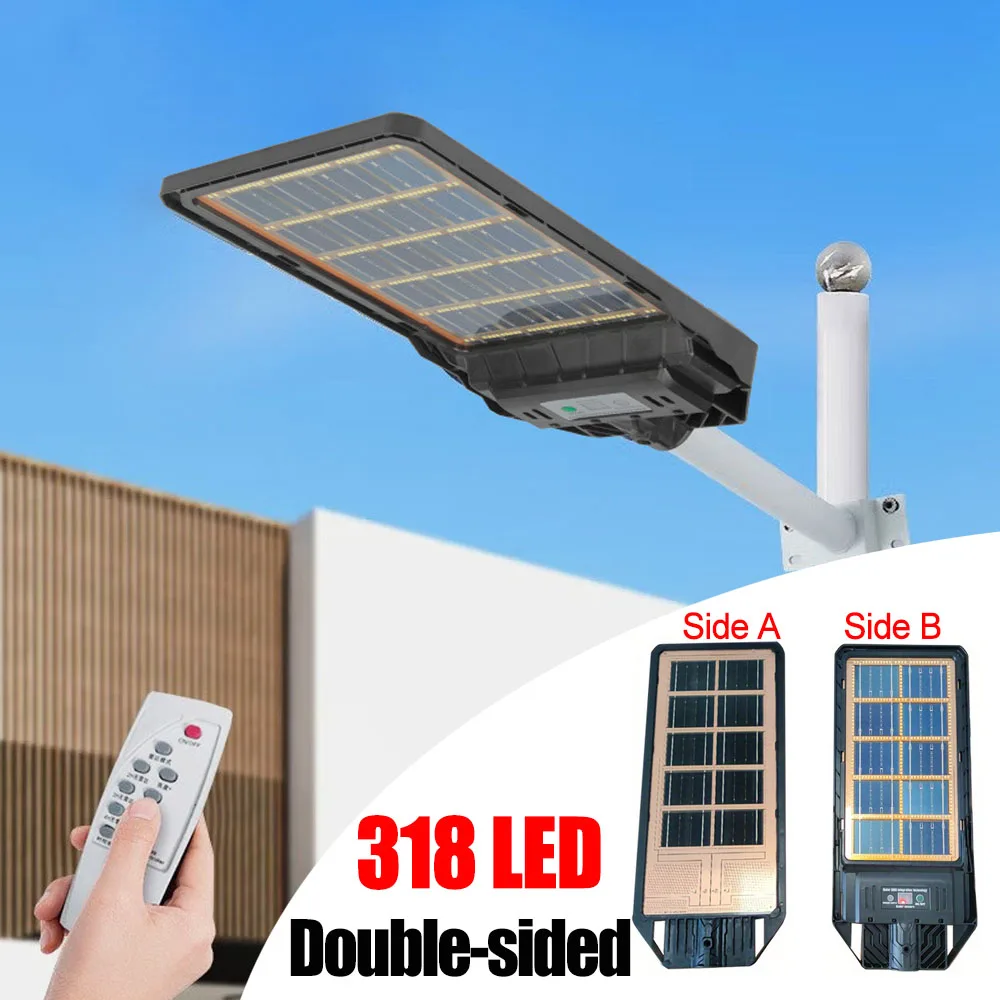 

Motion Sensor Solar Outdoor Lights Double Side Solar Panel LED Garden Floodlights Dimmable Remote Control Street Lamp