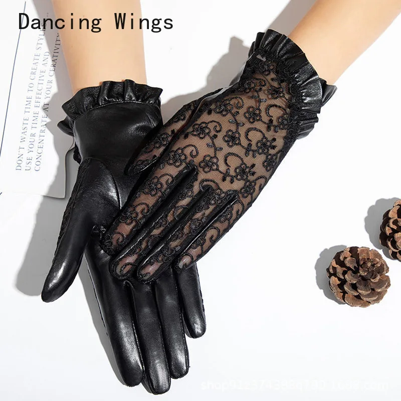 Summer Leather Sexy Dressy Gloves Sunscreen for Women Breathable Lace Full Finger Gloves for Ladies Riding Motorcycle