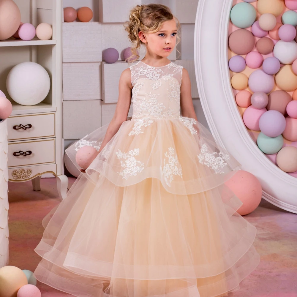 

EVLAS Tulle Puffy Ball Gown Flower Girl Dresses For Wedding 2023 Princess Lace Appliques Kid First Pageant Communion Gown TFD088