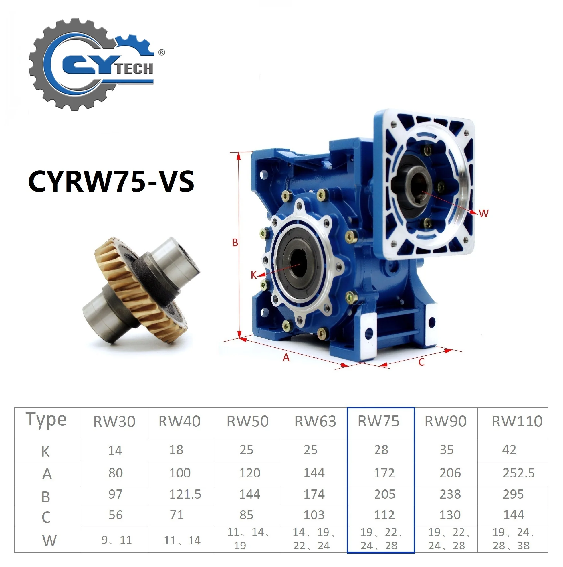 CHENYUE Worm Gearbox CYRW-VS 075 Gear reducer  Input 14/19/24/28mm FL 71B5/80B14/90B14/100B5 Output28mm Ratio 5-100