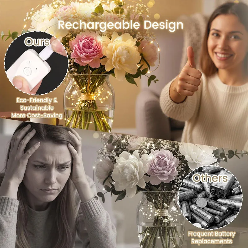 أضواء سلسلة LED قابلة للشحن أضواء الجنية وميض صغير النحاس ضوء الموقت انفصال تصميم هالوين الزفاف زينة عيد الميلاد #2