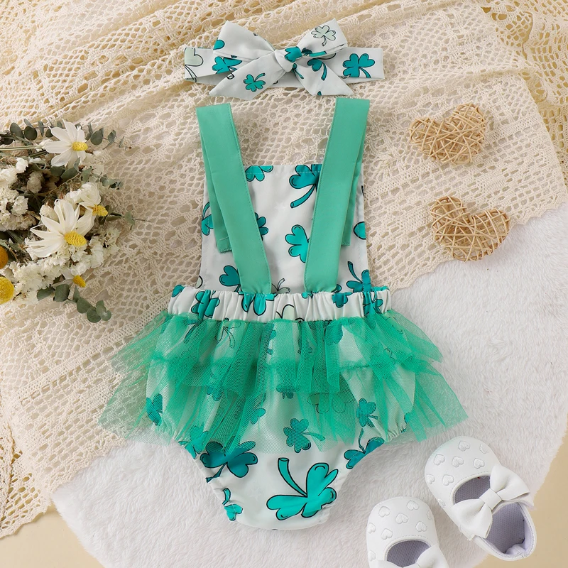 Baby Girls Romper Bodysuit and Headband Shamrock Print Sleeveless Mesh Ruffles Infant Jumpsuit Ireland Festival Clothes