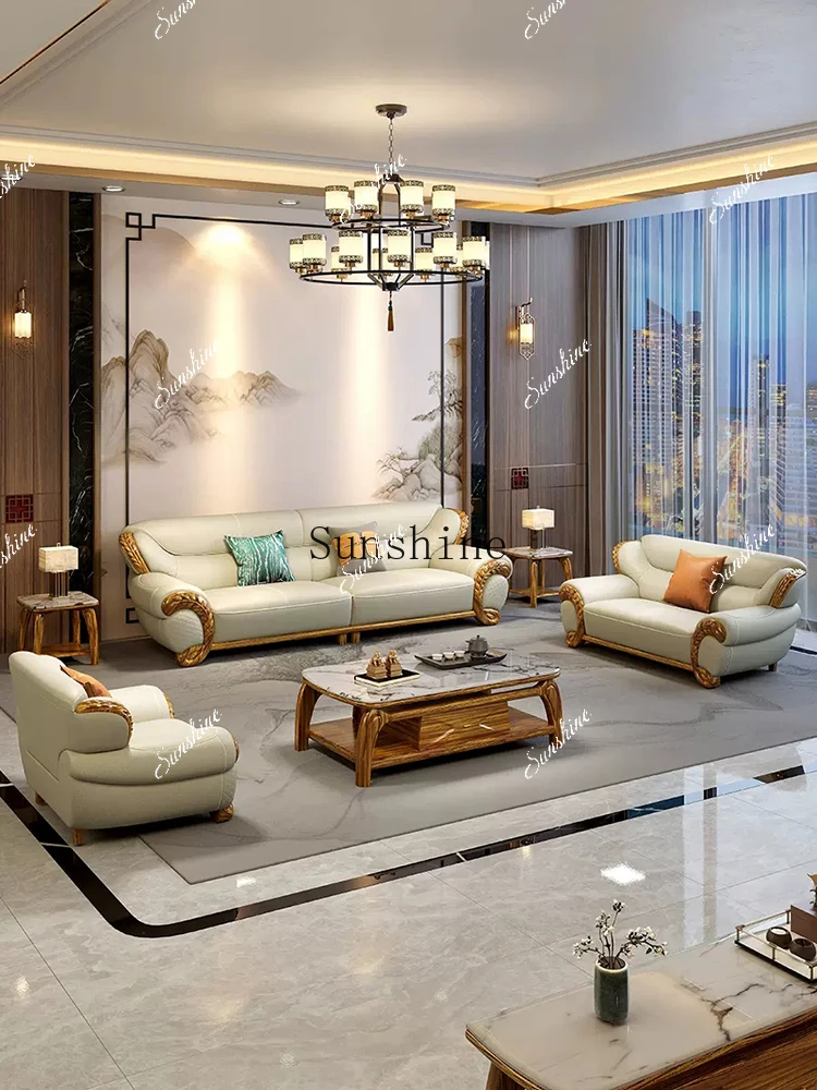 New Chinese ebony first-layer cowhide sofa 2.0 thick leather living room 124 combination  FT