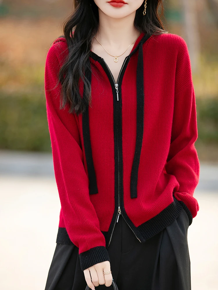 

New Women Zipper Hoodie Cardigan 100% Merino Wool Sweater Simple Casual Style Sweater Spring Autumn Winter Popular Clothing Tops