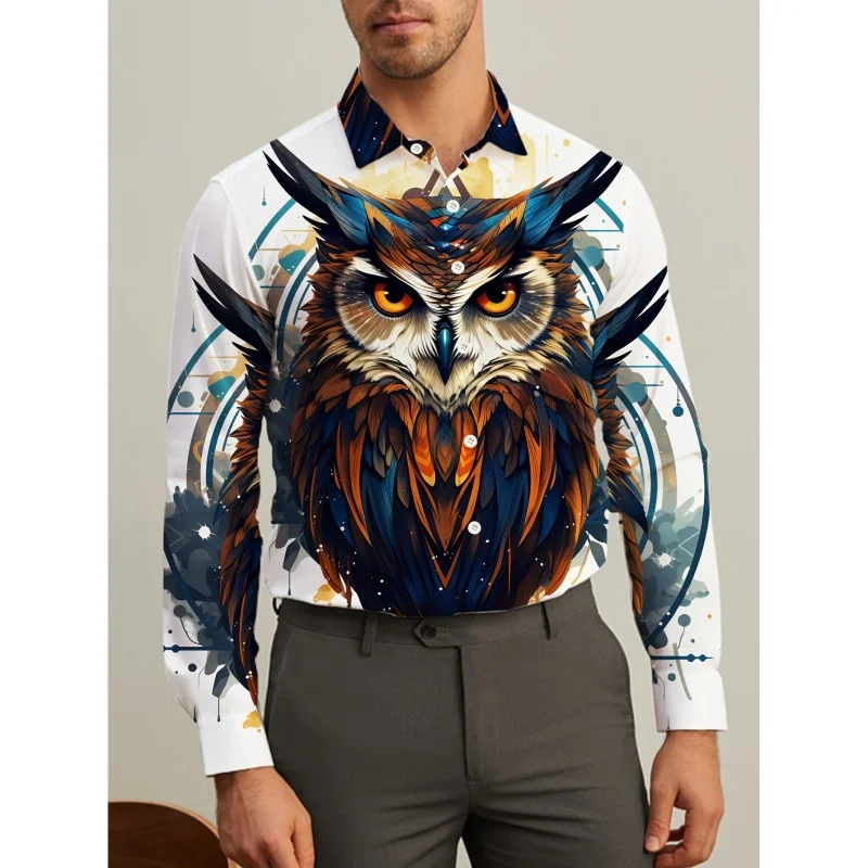 Peacock Owl Pattern Hawaiian Shirts For Men Funny Animal 3D Printed Blouse Casual Long Sleeve Lapel Button Tops Aloha Shirts